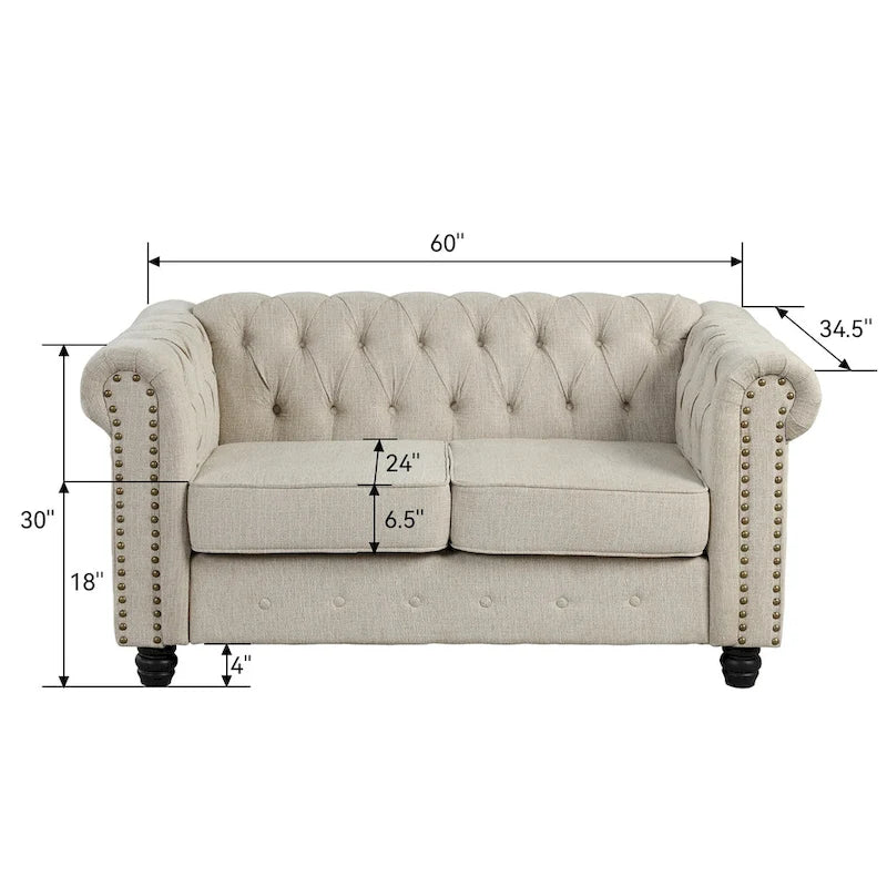 Set Chesterfield Morden Fort imbottito con trapuntatura, divano a 2 posti e divano, 2 PEZZI per il soggiorno, tessuto, lino