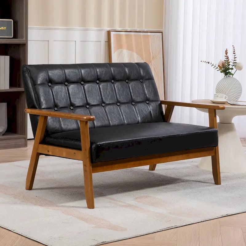 HOMEFUN getufte mid-century tweezitsbank met linnen/PU-bekleding en houten frame