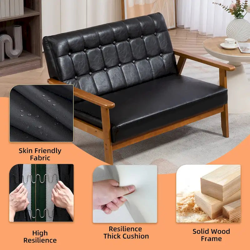 HOMEFUN getufte mid-century tweezitsbank met linnen/PU-bekleding en houten frame