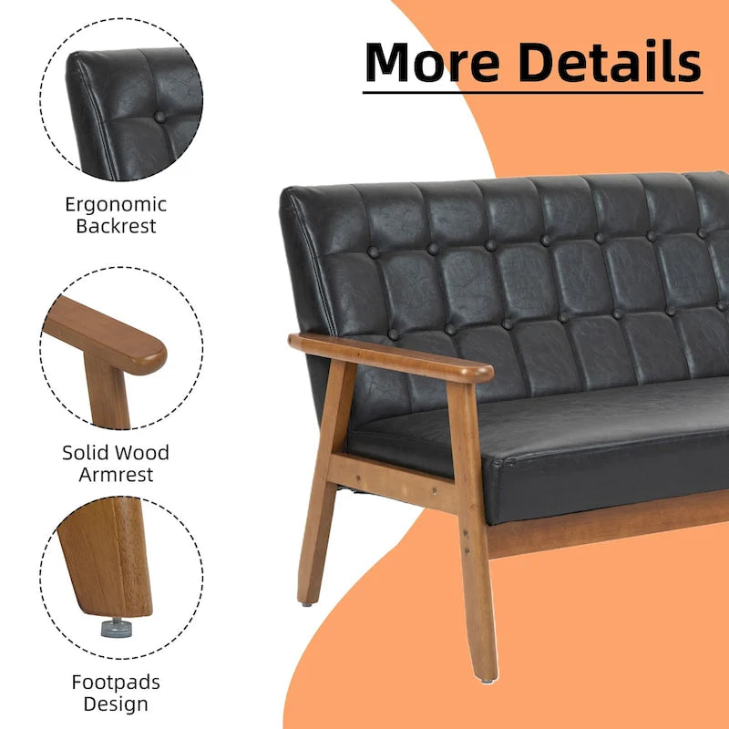 HOMEFUN getufte mid-century tweezitsbank met linnen/PU-bekleding en houten frame