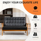 HOMEFUN getufte mid-century tweezitsbank met linnen/PU-bekleding en houten frame