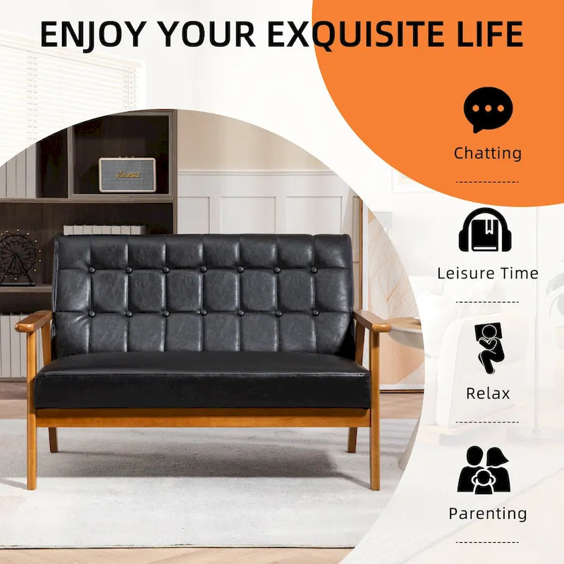 HOMEFUN getufte mid-century tweezitsbank met linnen/PU-bekleding en houten frame