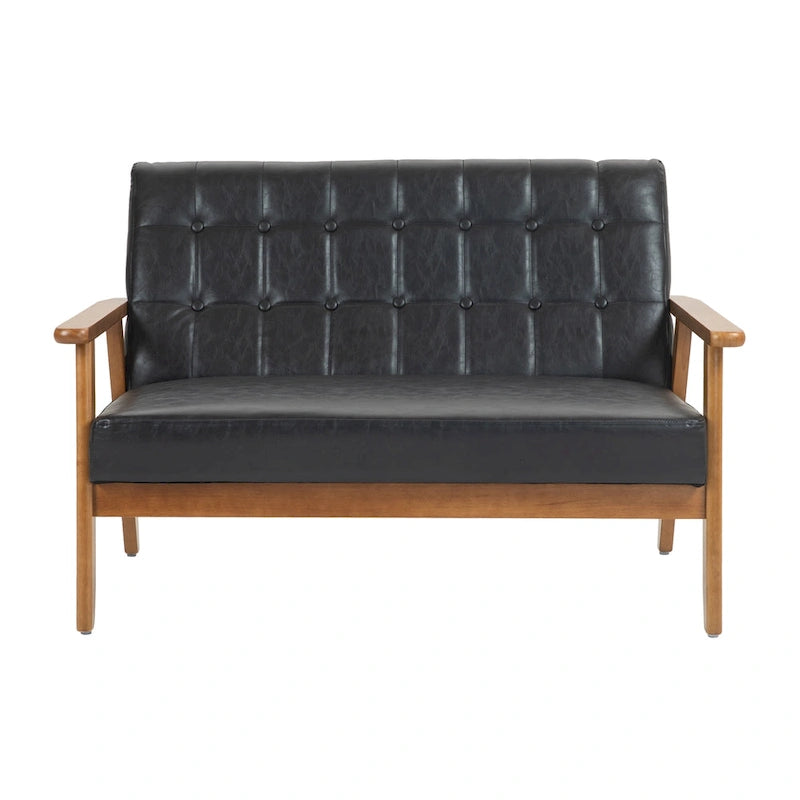 HOMEFUN getufte mid-century tweezitsbank met linnen/PU-bekleding en houten frame
