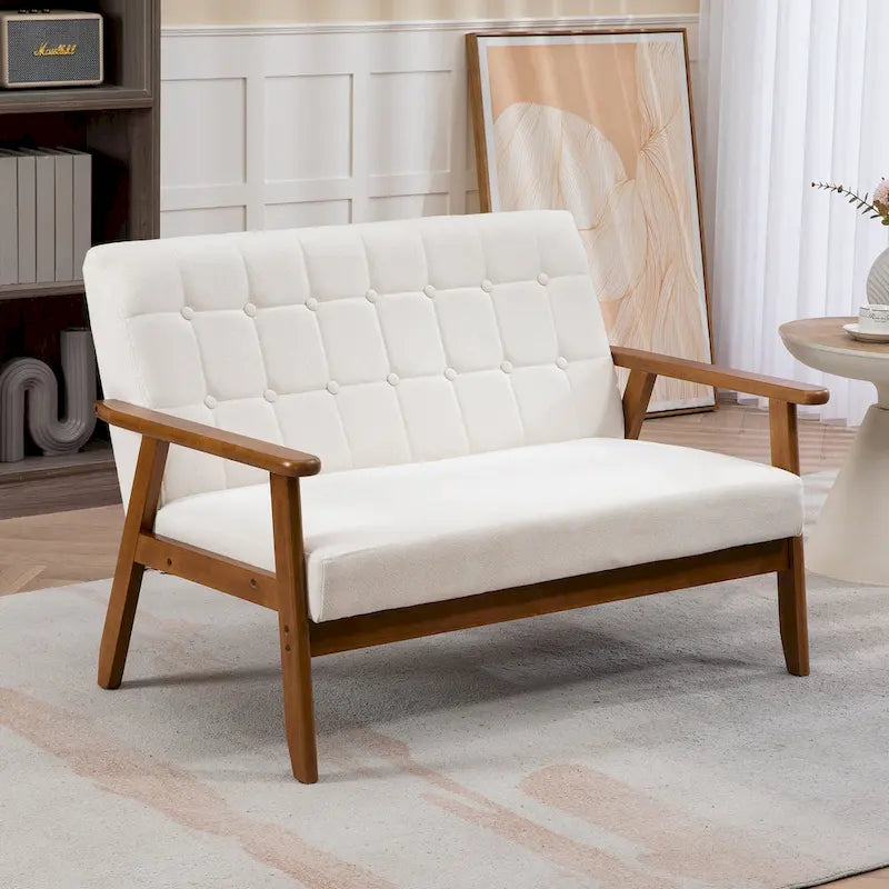 HOMEFUN getufte mid-century tweezitsbank met linnen/PU-bekleding en houten frame