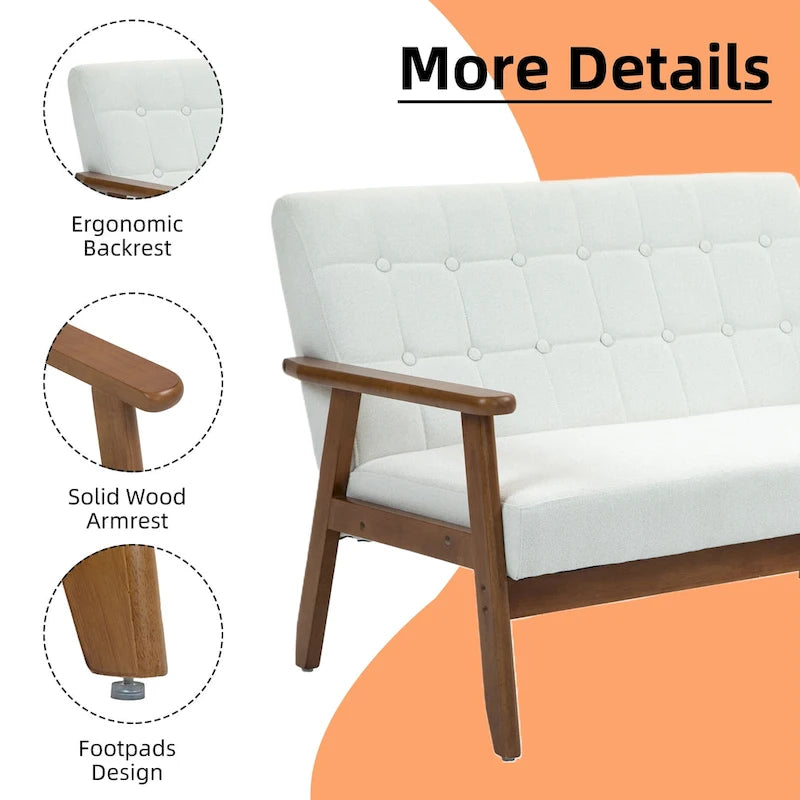HOMEFUN getufte mid-century tweezitsbank met linnen/PU-bekleding en houten frame
