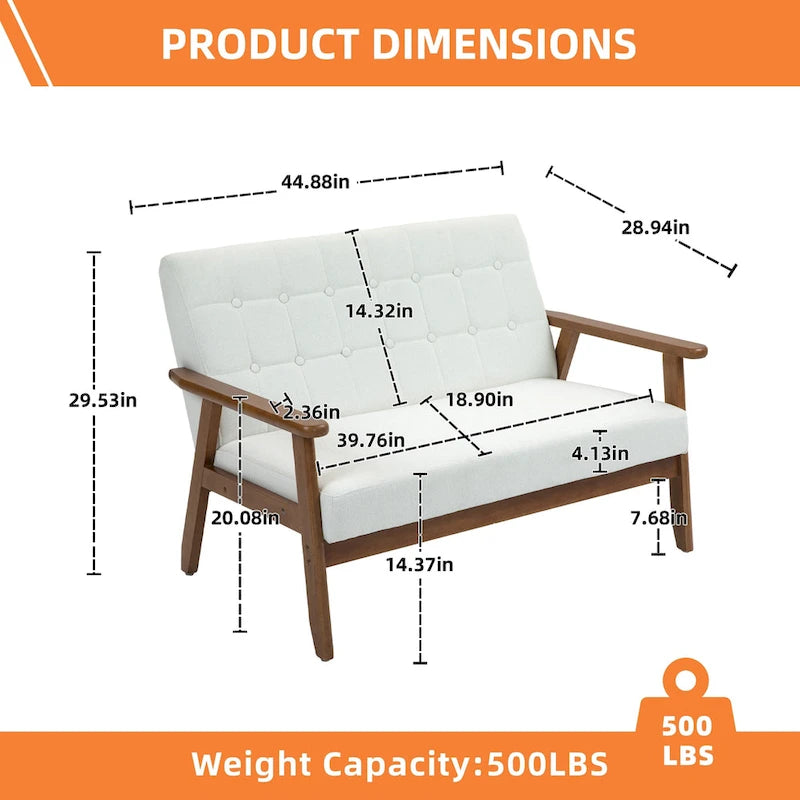 HOMEFUN getufte mid-century tweezitsbank met linnen/PU-bekleding en houten frame