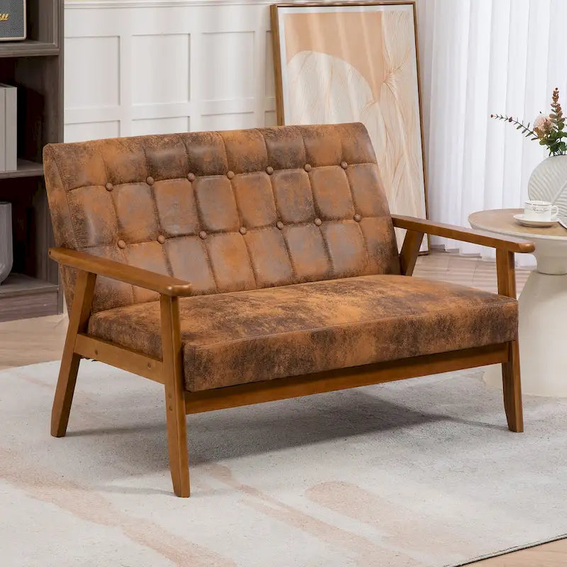 HOMEFUN getufte mid-century tweezitsbank met linnen/PU-bekleding en houten frame