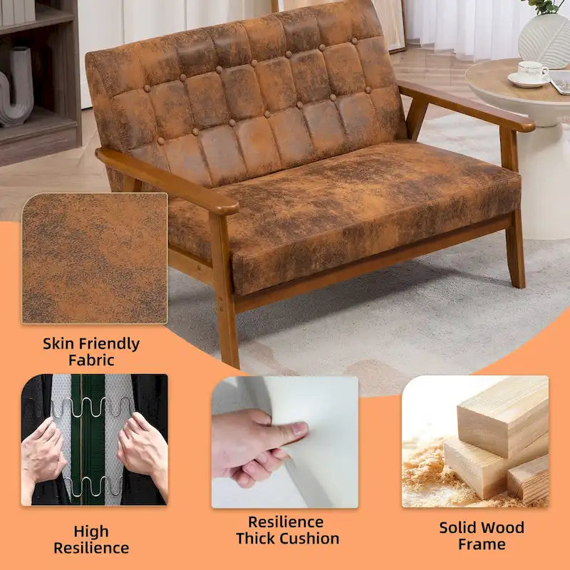 HOMEFUN getufte mid-century tweezitsbank met linnen/PU-bekleding en houten frame