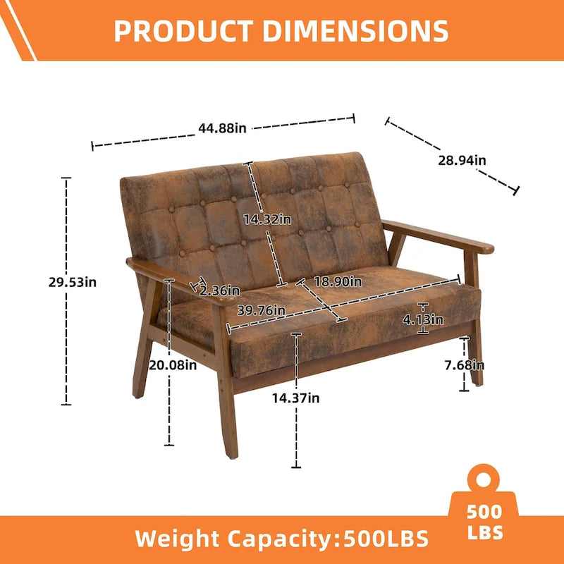 HOMEFUN getufte mid-century tweezitsbank met linnen/PU-bekleding en houten frame