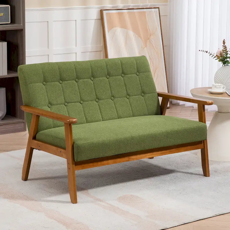 HOMEFUN getufte mid-century tweezitsbank met linnen/PU-bekleding en houten frame