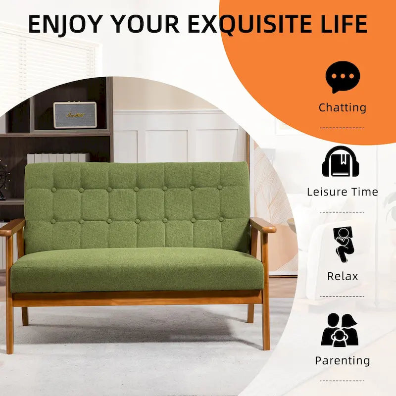 HOMEFUN getufte mid-century tweezitsbank met linnen/PU-bekleding en houten frame