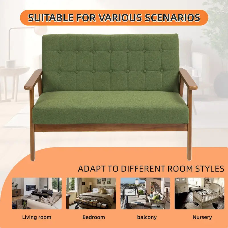 HOMEFUN getufte mid-century tweezitsbank met linnen/PU-bekleding en houten frame