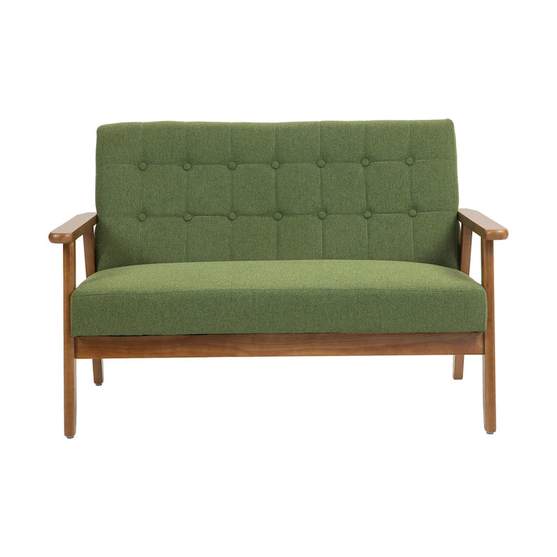 HOMEFUN getufte mid-century tweezitsbank met linnen/PU-bekleding en houten frame