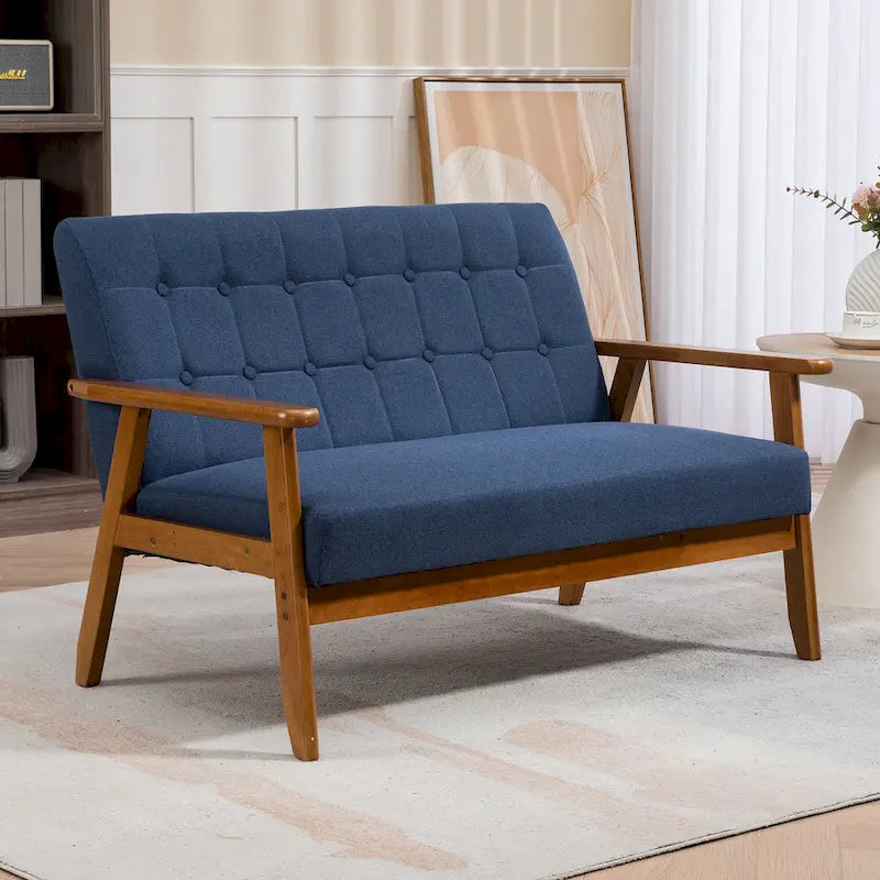 HOMEFUN getufte mid-century tweezitsbank met linnen/PU-bekleding en houten frame
