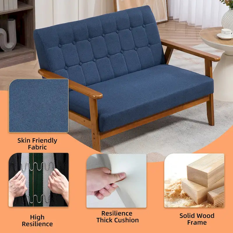 HOMEFUN getufte mid-century tweezitsbank met linnen/PU-bekleding en houten frame