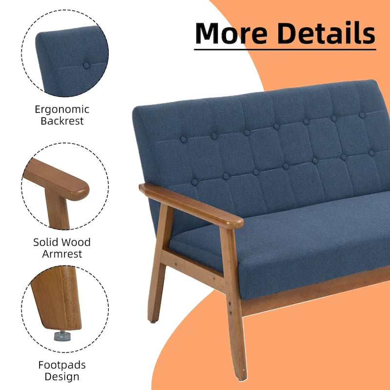 HOMEFUN getufte mid-century tweezitsbank met linnen/PU-bekleding en houten frame