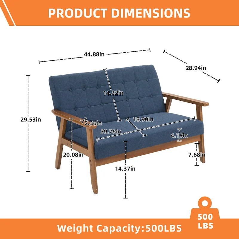 HOMEFUN getufte mid-century tweezitsbank met linnen/PU-bekleding en houten frame