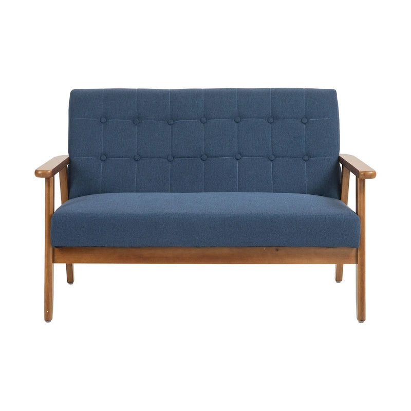 HOMEFUN getufte mid-century tweezitsbank met linnen/PU-bekleding en houten frame
