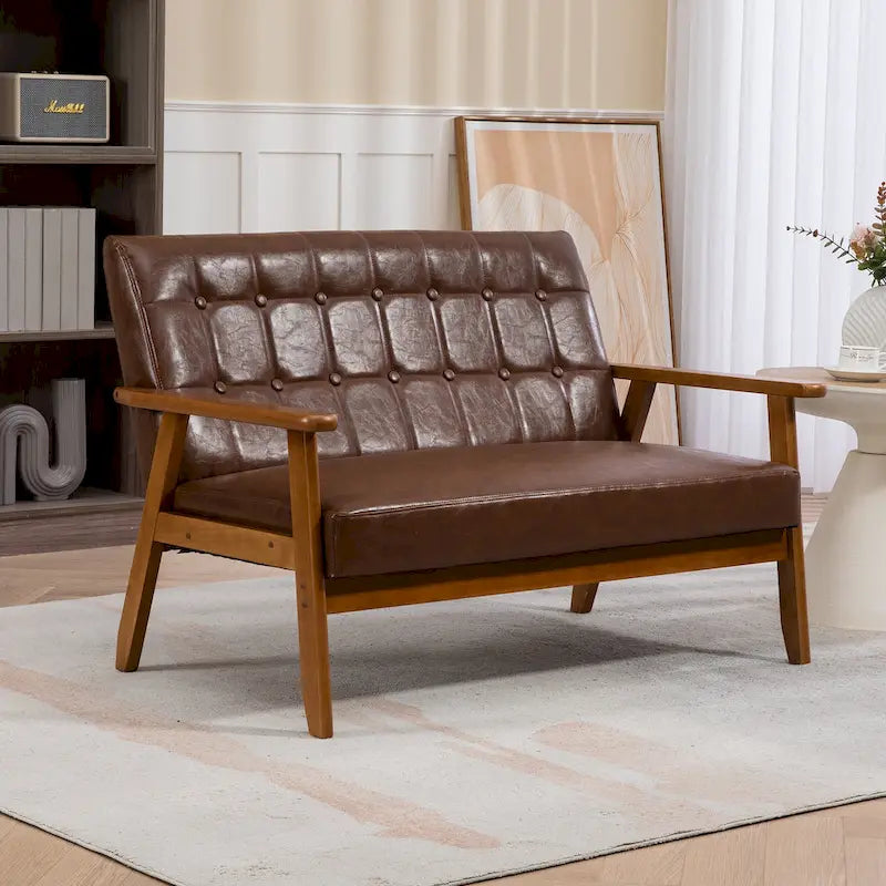 HOMEFUN getufte mid-century tweezitsbank met linnen/PU-bekleding en houten frame
