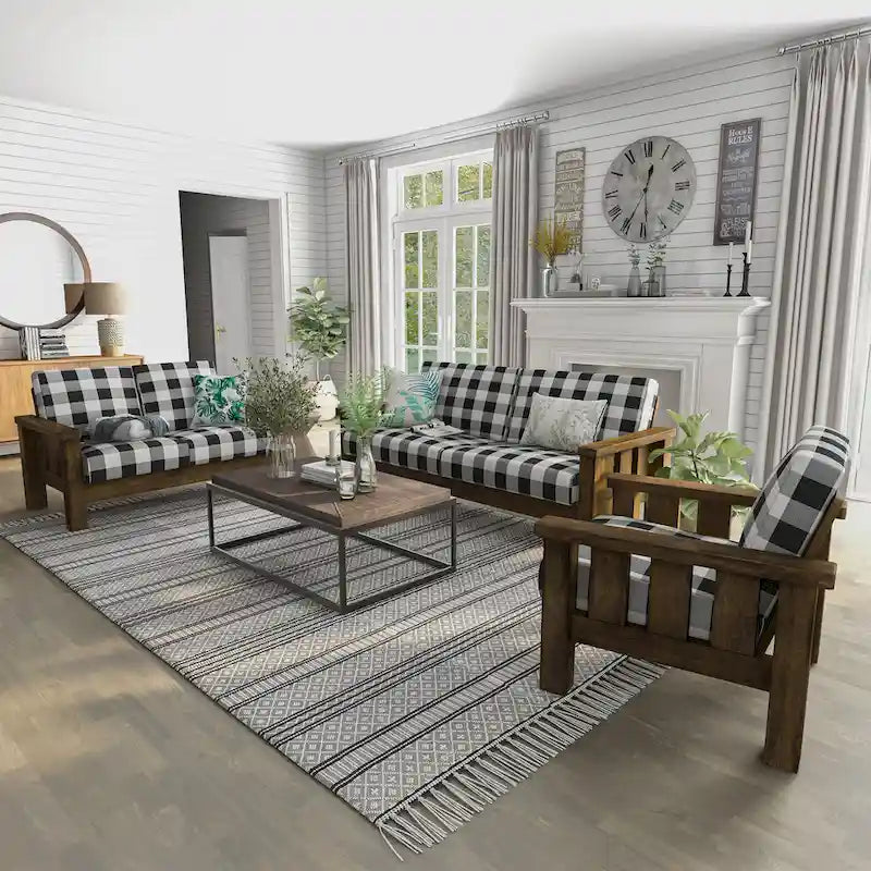 Jimo 3-teiliges Sofa-Set aus rustikaler Eiche und Leinenstoff von Furniture of America