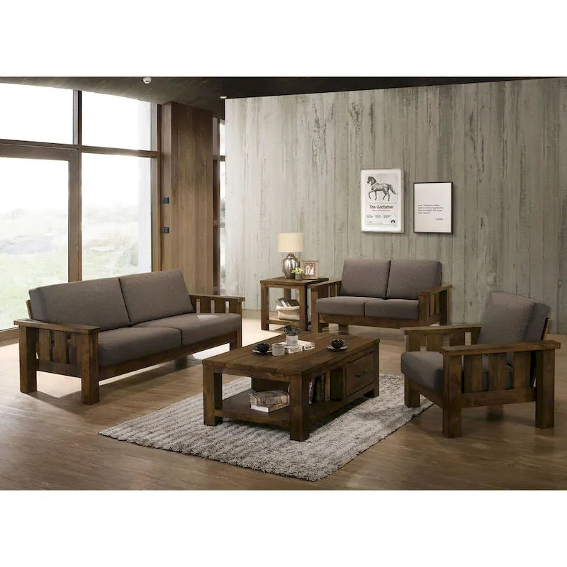 Jimo 3-teiliges Sofa-Set aus rustikaler Eiche und Leinenstoff von Furniture of America