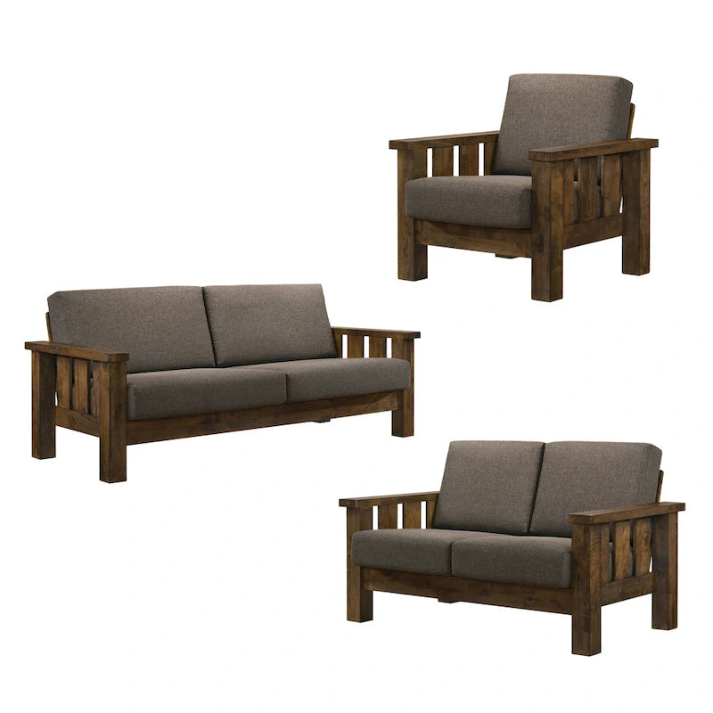 Jimo 3-teiliges Sofa-Set aus rustikaler Eiche und Leinenstoff von Furniture of America