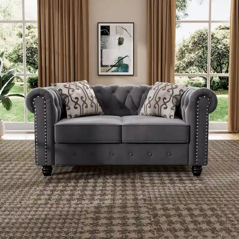 Morden Fort Chesterfield-loveseat van fluweel met knoopcapiton en sierspijkers, op stevige poten, voor de woonkamer