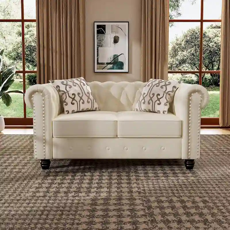 Morden Fort Chesterfield-loveseat van fluweel met knoopcapiton en sierspijkers, op stevige poten, voor de woonkamer