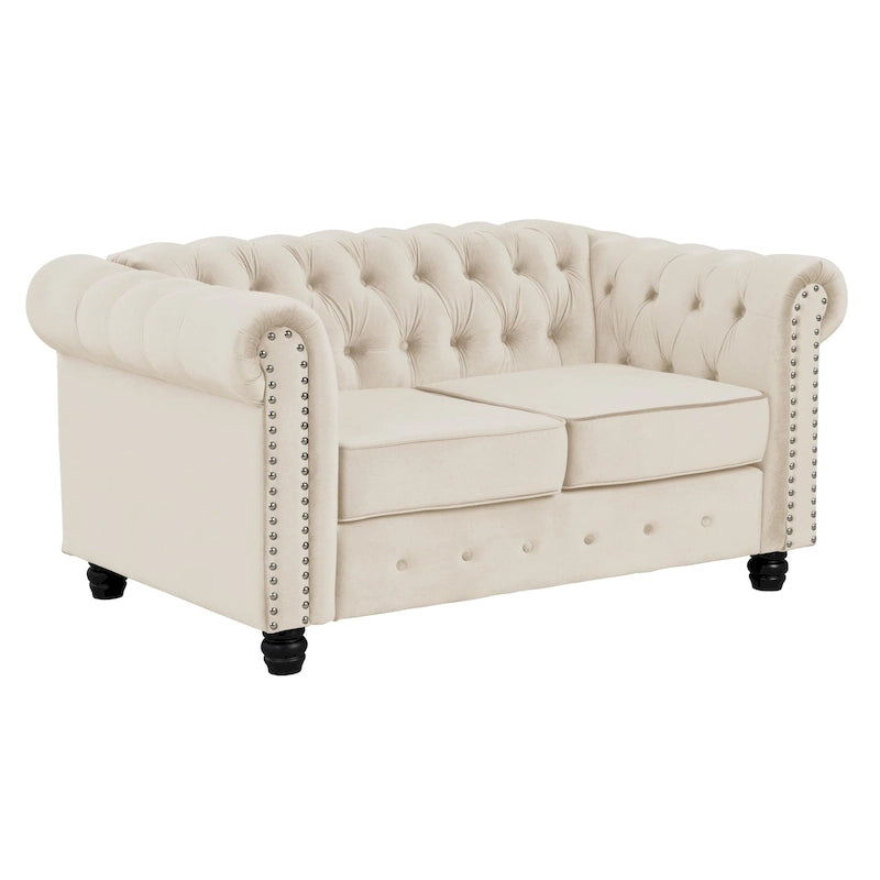 Morden Fort Chesterfield-loveseat van fluweel met knoopcapiton en sierspijkers, op stevige poten, voor de woonkamer