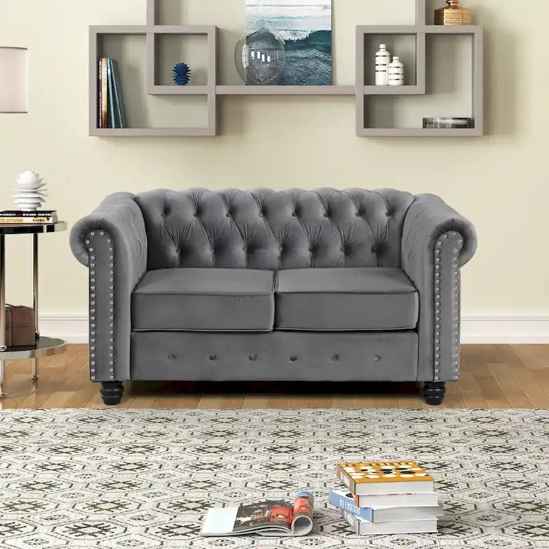 Morden Fort Chesterfield-loveseat van fluweel met knoopcapiton en sierspijkers, op stevige poten, voor de woonkamer