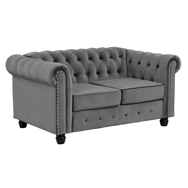 Morden Fort Chesterfield-loveseat van fluweel met knoopcapiton en sierspijkers, op stevige poten, voor de woonkamer