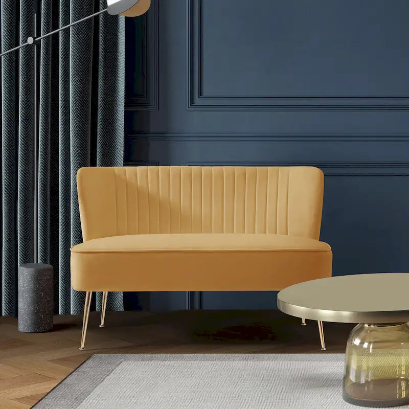 Sofá de dos plazas Farrah de terciopelo de poliéster tapizado, de 46 de ancho, sin brazos y con respaldo festoneado