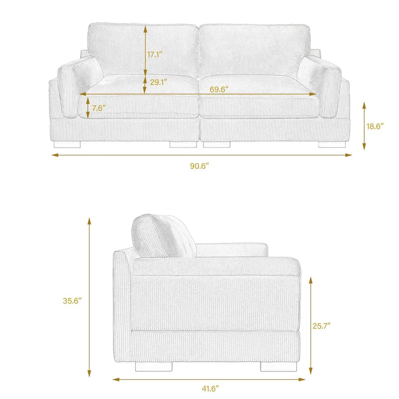 Nowoczesna 90-calowa sofa dwuosobowa z sztruksu z głębokim siedziskiem