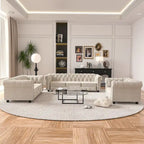 Morden Fort Button Upholstered Chesterfield Set Chair, Loveseat ,Sofa 3 PCS for Living Room,Linen,Solid Wood Legs