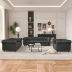 Set di sedie, divanetto e divano Chesterfield imbottiti con bottoni Morden Fort, 3 pezzi per il soggiorno, in lino, con gambe in legno massello