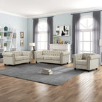 Set di sedie, divanetto e divano Chesterfield imbottiti con bottoni Morden Fort, 3 pezzi per il soggiorno, in lino, con gambe in legno massello