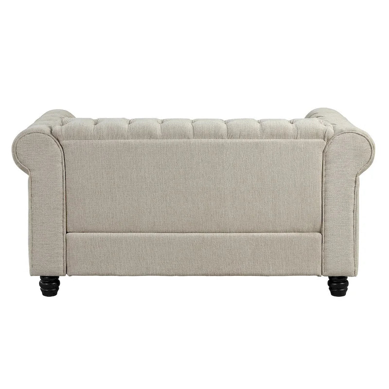 Set di sedie, divanetto e divano Chesterfield imbottiti con bottoni Morden Fort, 3 pezzi per il soggiorno, in lino, con gambe in legno massello