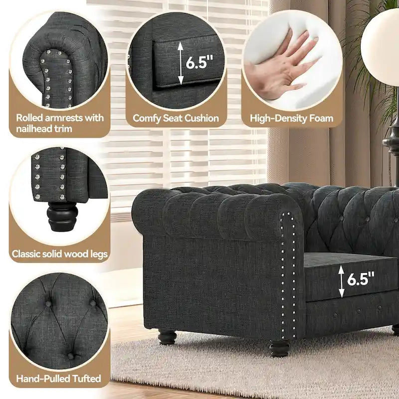 Set di sedie, divanetto e divano Chesterfield imbottiti con bottoni Morden Fort, 3 pezzi per il soggiorno, in lino, con gambe in legno massello