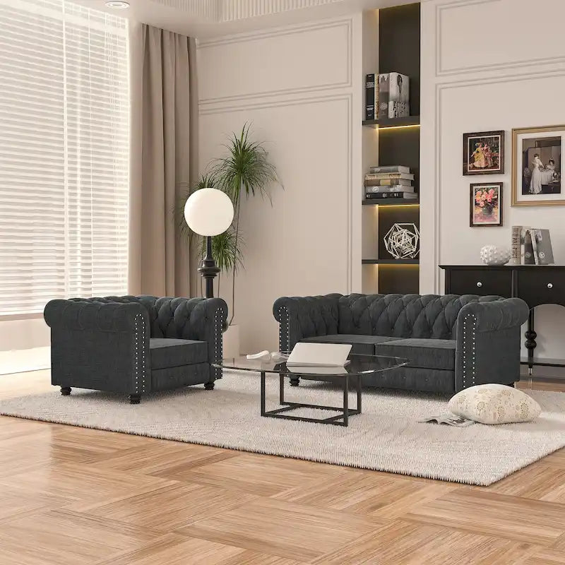Morden Fort gombtűzött, kárpitozott Chesterfield kanapészett, fotellel és kanapéval, 2 darabos, nappaliba, lenvászon, tömörfa lábakkal
