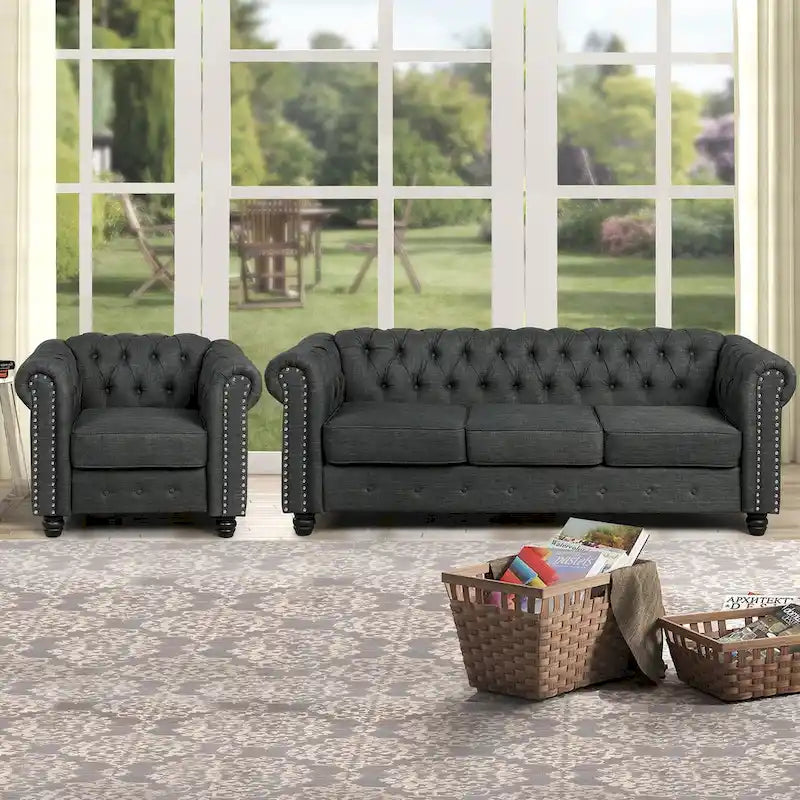 Morden Fort gombtűzött, kárpitozott Chesterfield kanapészett, fotellel és kanapéval, 2 darabos, nappaliba, lenvászon, tömörfa lábakkal
