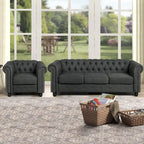 Morden Fort gombtűzött, kárpitozott Chesterfield kanapészett, fotellel és kanapéval, 2 darabos, nappaliba, lenvászon, tömörfa lábakkal