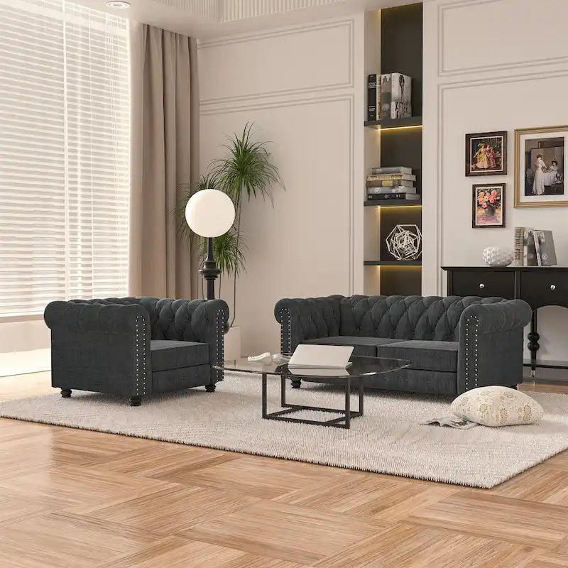 Morden Fort gombtűzött, kárpitozott Chesterfield kanapészett, fotellel és kanapéval, 2 darabos, nappaliba, lenvászon, tömörfa lábakkal
