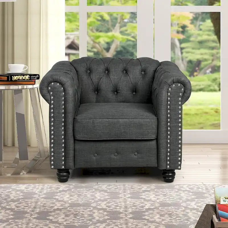 Morden Fort gombtűzött, kárpitozott Chesterfield kanapészett, fotellel és kanapéval, 2 darabos, nappaliba, lenvászon, tömörfa lábakkal