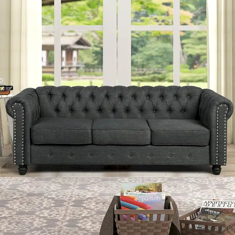 Morden Fort gombtűzött, kárpitozott Chesterfield kanapészett, fotellel és kanapéval, 2 darabos, nappaliba, lenvászon, tömörfa lábakkal