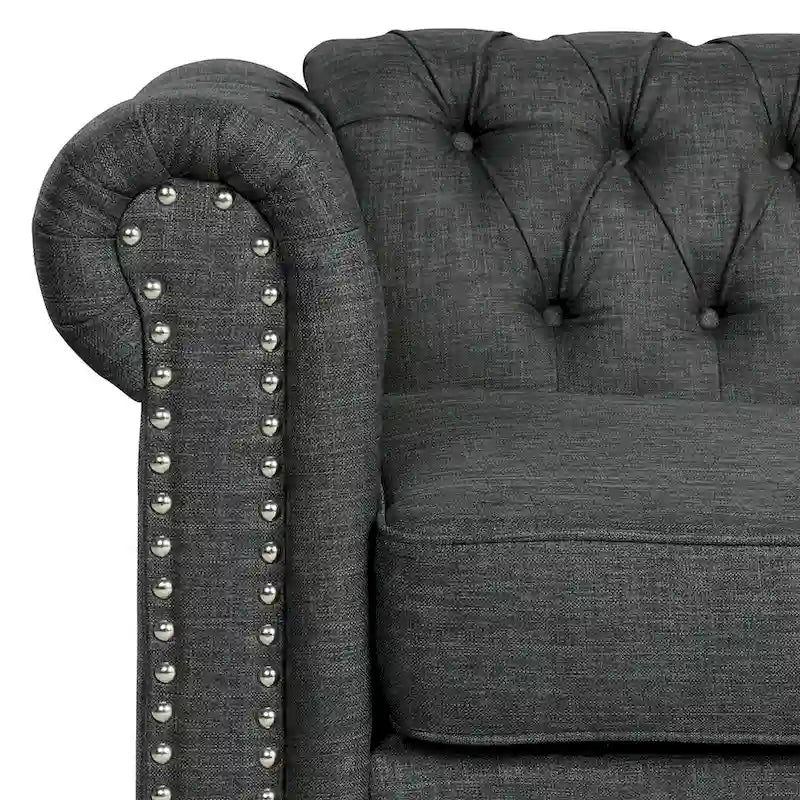 Morden Fort gombtűzött, kárpitozott Chesterfield kanapészett, fotellel és kanapéval, 2 darabos, nappaliba, lenvászon, tömörfa lábakkal