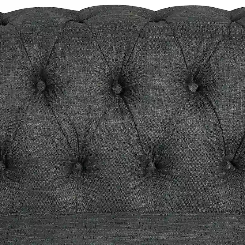 Morden Fort gombtűzött, kárpitozott Chesterfield kanapészett, fotellel és kanapéval, 2 darabos, nappaliba, lenvászon, tömörfa lábakkal