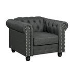 Morden Fort gombtűzött, kárpitozott Chesterfield kanapészett, fotellel és kanapéval, 2 darabos, nappaliba, lenvászon, tömörfa lábakkal