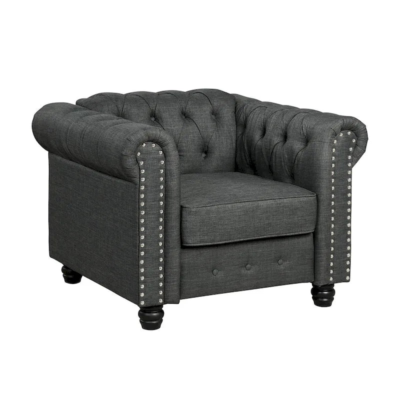 Morden Fort gombtűzött, kárpitozott Chesterfield kanapészett, fotellel és kanapéval, 2 darabos, nappaliba, lenvászon, tömörfa lábakkal