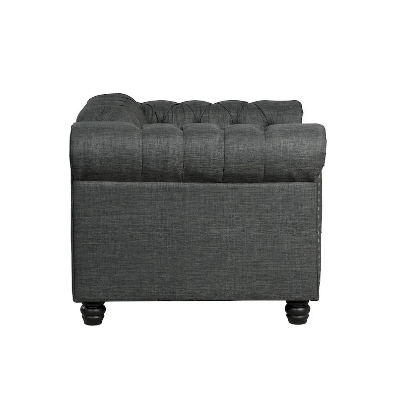 Morden Fort gombtűzött, kárpitozott Chesterfield kanapészett, fotellel és kanapéval, 2 darabos, nappaliba, lenvászon, tömörfa lábakkal
