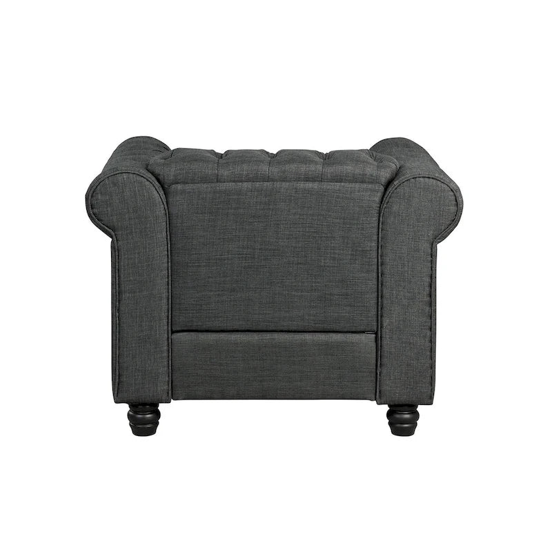 Morden Fort gombtűzött, kárpitozott Chesterfield kanapészett, fotellel és kanapéval, 2 darabos, nappaliba, lenvászon, tömörfa lábakkal